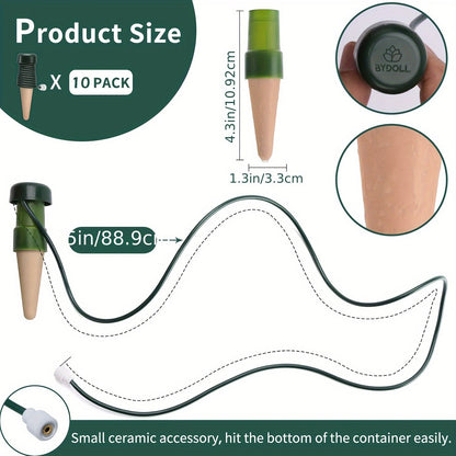 10pcs Automatic Plant Watering Stakes with Terracotta Spikes - Adjustable Drip Irrigation System for Indoor & Outdoor Plants, Houseplants, and Bonsai - Perfect for Vacation Care, Black Plastic Design, Self Watering Device for Plants